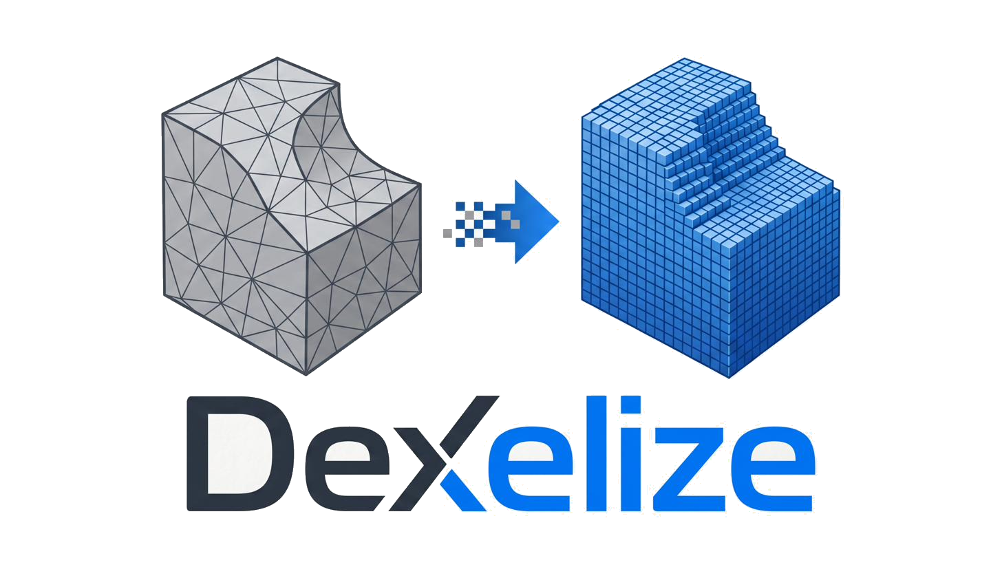 Dexelize logo: a triangulated 3D mesh cube converting into a clean, edge-sharp voxel mesh body.